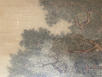 Chinese school, after Zhao Danian, ink and color on silk: 'Painter at work', 17/18th C.