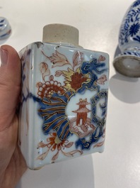 Two Chinese blue and white cups, a covered vase, a kendi and an Imari-style tea caddy, Wanli and Kangxi