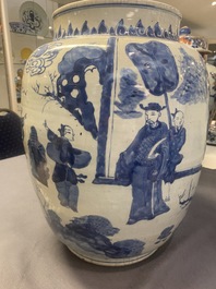 Three large Chinese blue and white vases with figures, Transitional period