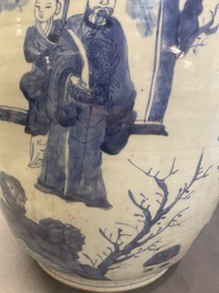 Three large Chinese blue and white vases with figures, Transitional period