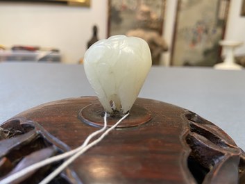 A large Chinese blanc de Chine censer with jade-topped wooden lid and stand, 18/19th C.