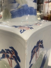 A Chinese blue and white, celadon and copper-red tapering square vase with landscape panels, Kangxi