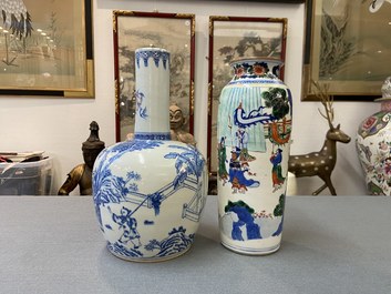 A Chinese wucai rouleau vase and a blue, white and copper-red vase, 19/20th C.