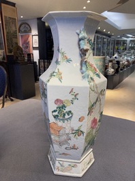 A Chinese hexagonal qianjiang cai 'antiquities' vase, 19th C.