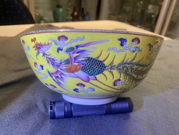 A Chinese yellow-ground famille rose 'dragon and phoenix' bowl, Xuantong mark and of the period