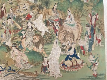 Chinese school, ink and color on canvas: 'Mountainous landscape with goddesses, mythical animals and boys', 19/20th C.