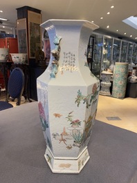 A Chinese hexagonal qianjiang cai 'antiquities' vase, 19th C.