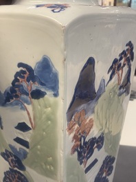 A Chinese blue and white, celadon and copper-red tapering square vase with landscape panels, Kangxi