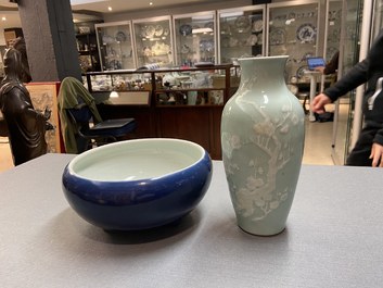 A Chinese monochrome blue censer and a white slip-decorated celadon vase, 18/19th C.