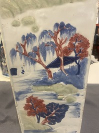 A Chinese blue and white, celadon and copper-red tapering square vase with landscape panels, Kangxi