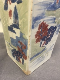 A Chinese blue and white, celadon and copper-red tapering square vase with landscape panels, Kangxi