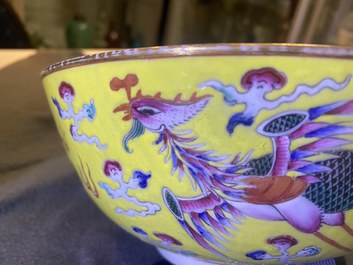 A Chinese yellow-ground famille rose 'dragon and phoenix' bowl, Xuantong mark and of the period