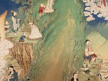 Chinese school, ink and color on canvas: 'Mountainous landscape with goddesses, mythical animals and boys', 19/20th C.