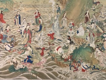 Chinese school, ink and color on canvas: 'Mountainous landscape with goddesses, mythical animals and boys', 19/20th C.