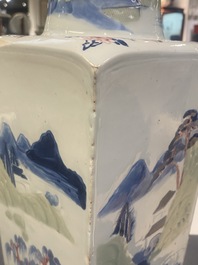 A Chinese blue and white, celadon and copper-red tapering square vase with landscape panels, Kangxi