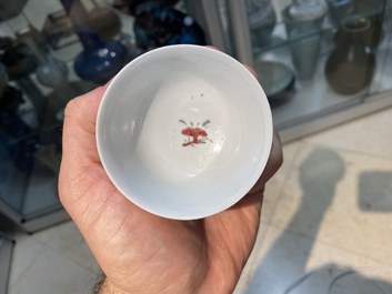 A Chinese famille rose 'bird and insects' cup and saucer, Yongzheng
