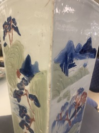 A Chinese blue and white, celadon and copper-red tapering square vase with landscape panels, Kangxi