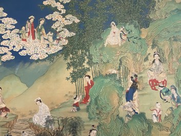 Chinese school, ink and color on canvas: 'Mountainous landscape with goddesses, mythical animals and boys', 19/20th C.