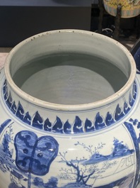 Three large Chinese blue and white vases with figures, Transitional period