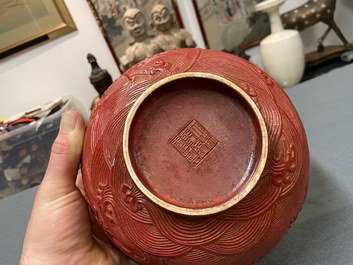 A Chinese faux-lacquerware 'dragon' bowl, Qianlong mark, Republic
