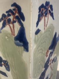 A Chinese blue and white, celadon and copper-red tapering square vase with landscape panels, Kangxi