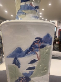 A Chinese blue and white, celadon and copper-red tapering square vase with landscape panels, Kangxi