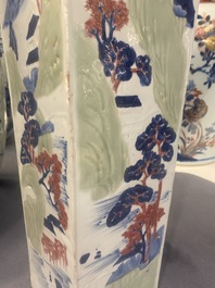 A Chinese blue and white, celadon and copper-red tapering square vase with landscape panels, Kangxi