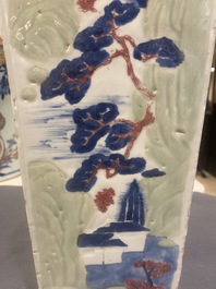 A Chinese blue and white, celadon and copper-red tapering square vase with landscape panels, Kangxi