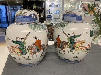 A pair of Chinese wucai jars and covers, Wanli mark, 19th C.