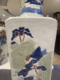 A Chinese blue and white, celadon and copper-red tapering square vase with landscape panels, Kangxi