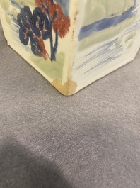 A Chinese blue and white, celadon and copper-red tapering square vase with landscape panels, Kangxi