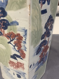 A Chinese blue and white, celadon and copper-red tapering square vase with landscape panels, Kangxi