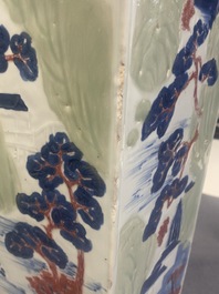 A Chinese blue and white, celadon and copper-red tapering square vase with landscape panels, Kangxi