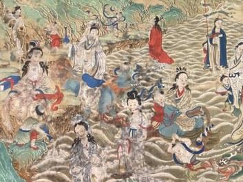 Chinese school, ink and color on canvas: 'Mountainous landscape with goddesses, mythical animals and boys', 19/20th C.