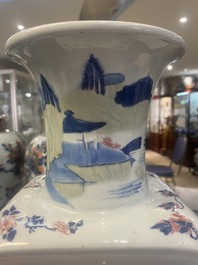 A Chinese blue and white, celadon and copper-red tapering square vase with landscape panels, Kangxi