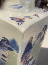 A Chinese blue and white, celadon and copper-red tapering square vase with landscape panels, Kangxi