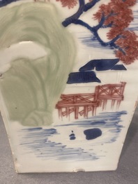 A Chinese blue and white, celadon and copper-red tapering square vase with landscape panels, Kangxi