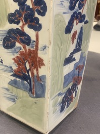 A Chinese blue and white, celadon and copper-red tapering square vase with landscape panels, Kangxi