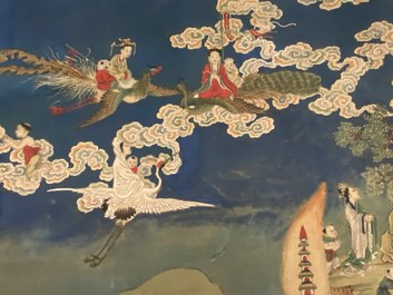 Chinese school, ink and color on canvas: 'Mountainous landscape with goddesses, mythical animals and boys', 19/20th C.