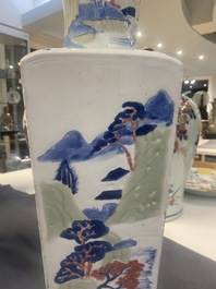 A Chinese blue and white, celadon and copper-red tapering square vase with landscape panels, Kangxi