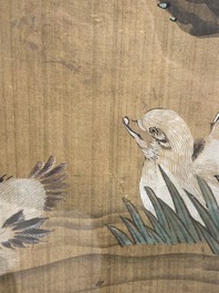 Chinese school, ink and color on silk: 'Ducks and birds near the water', late Ming/early Qing