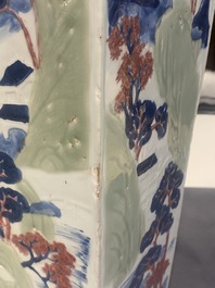 A Chinese blue and white, celadon and copper-red tapering square vase with landscape panels, Kangxi