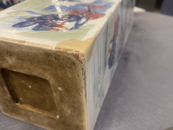 A Chinese blue and white, celadon and copper-red tapering square vase with landscape panels, Kangxi