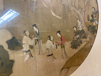 Chinese school, inkt en kleur op zijde: 'Personages in een bergachtig landschap', Qing