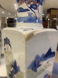 A Chinese blue and white, celadon and copper-red tapering square vase with landscape panels, Kangxi