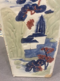 A Chinese blue and white, celadon and copper-red tapering square vase with landscape panels, Kangxi