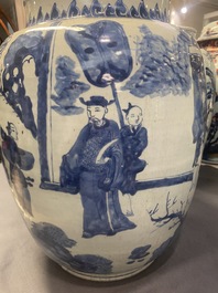 Three large Chinese blue and white vases with figures, Transitional period