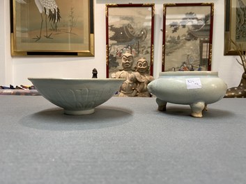 A Chinese junyao tripod censer and a qingbai 'lotus' bowl, Song