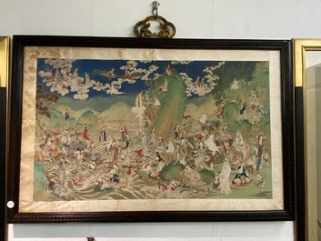 Chinese school, ink and color on canvas: 'Mountainous landscape with goddesses, mythical animals and boys', 19/20th C.