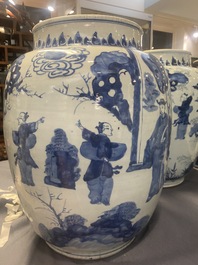 Three large Chinese blue and white vases with figures, Transitional period